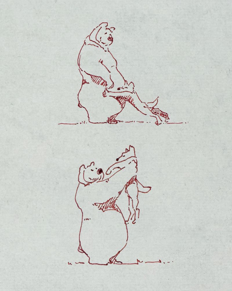 Red ink doodle of a wolf hugging a bear's belly on the first drawing, and the bear picking up the wolf on the drawing below it, holding him up under his armpits and lifting him in the air like the stupid tiny wolp he is.