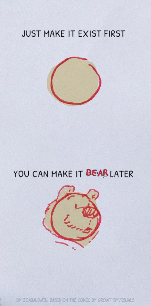 Mini comic in two parts.
1: "Just make it exist first" - crude drawing of a red circle, not very accurate.
2: "You can make it bear later" - the circle is now a bear's head after adding a bunch more lines to it. "Bear" on the caption is handwritten over a previous text.
By Joabaldwin based on the comic by Growthbyvisuals