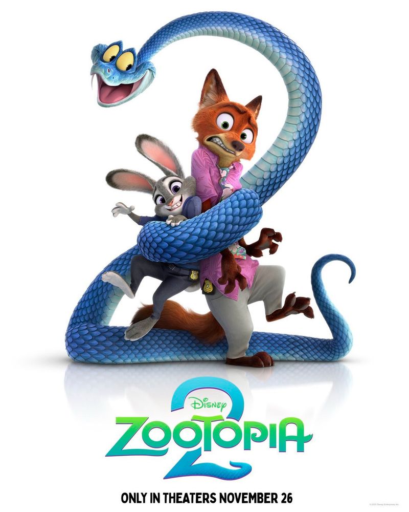 Zootopia 2 poster showing Gary the snake wrapped around Nick and Judy making the shape of a 2. In theaters November 26. 