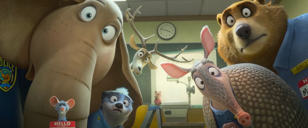 Screenshot from the Zootopia 2 trailer showing a bear, badger, armadillo, elephant, and mouse staring straight into camera.