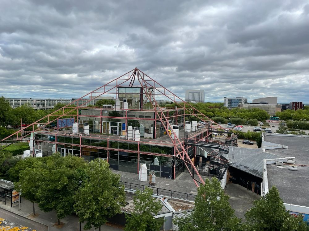 View of The Point in Milton Keynes as seen from the shopping centre car park. It's abandoned, derelict and sprayed with graffiti. 