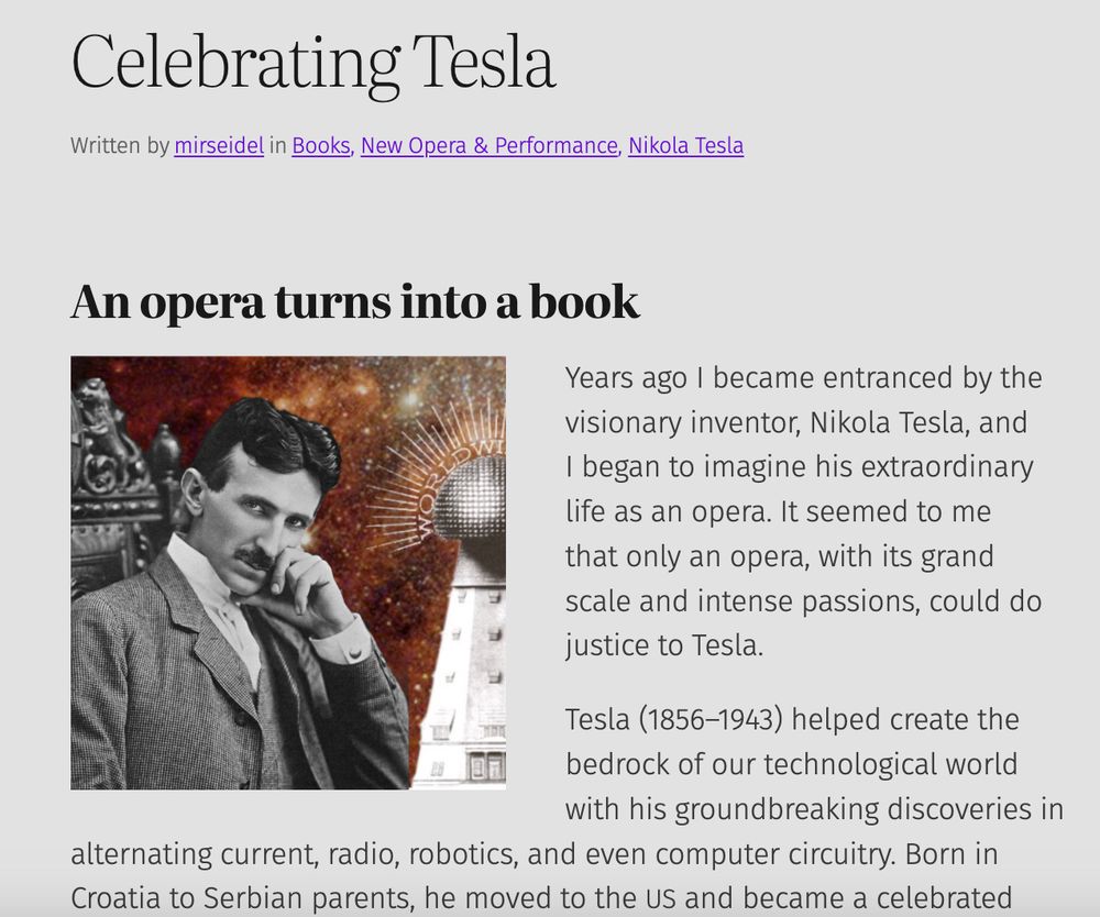 Image from Miriam Seidel's blog post, Celebrating Tesla: An opera turns into a book, with text from the post and an image of Nikola Tesla superimposed on an engraving of his Wardenclyffe Tower.