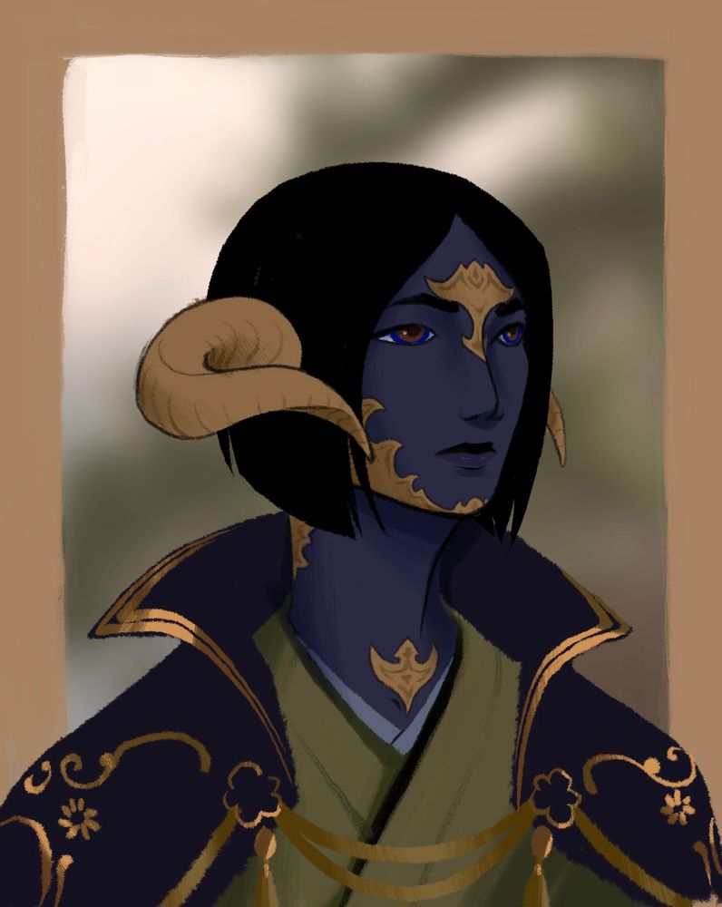 A digital portrait of Finch’s mother Ikaru, a Raen Au Ra woman with dark blue skin and black hair, wearing Samurai robes