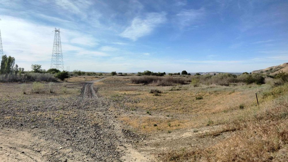 A scenic shot of a very dry piece of country. There are gravel roads made of river rock, sage brush and dried grass. The sky is an expanse of blue with thin clouds along the horizon. To the left one can see greenery and trees.