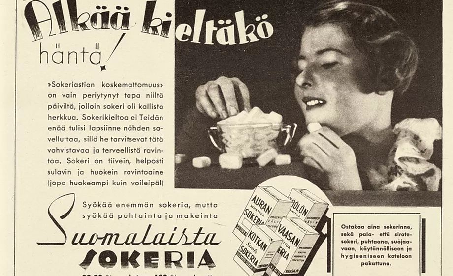 Vanha sokerimainos, jossa kehotetaan syömään enemmän sokeria