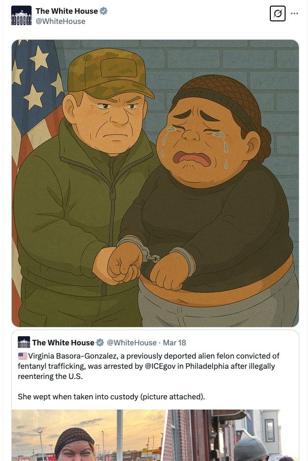 The White House V
@WhiteHouse
The White House &
@WhiteHouse • Mar 18
Virginia Basora-Gonzalez, a previously deported alien felon convicted of fentanyl trafficking, was arrested by @ICEgov in Philadelphia after illegally reentering the U.S.
She wept when taken into custody (picture attached).