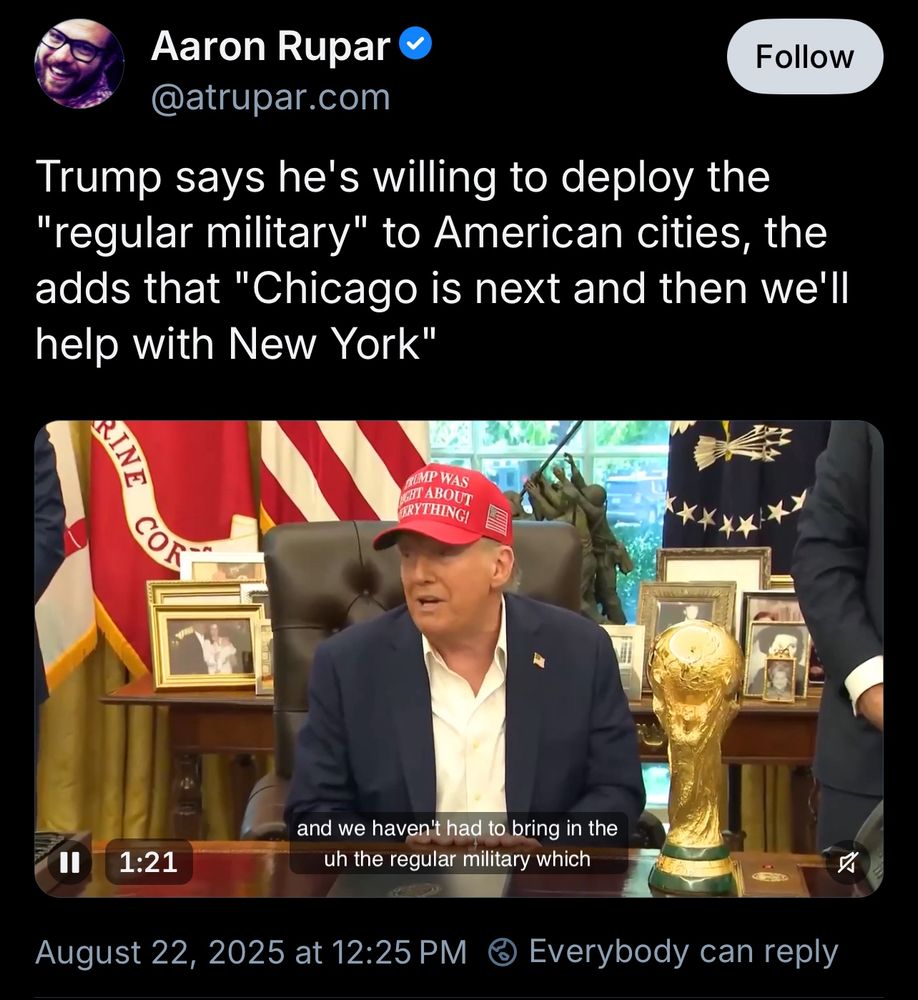 Aaron Rupar o @atrupar.com
Follow
Trump says he's willing to deploy the
"regular military" to American cities, the adds that "Chicago is next and then we'll help with New York"