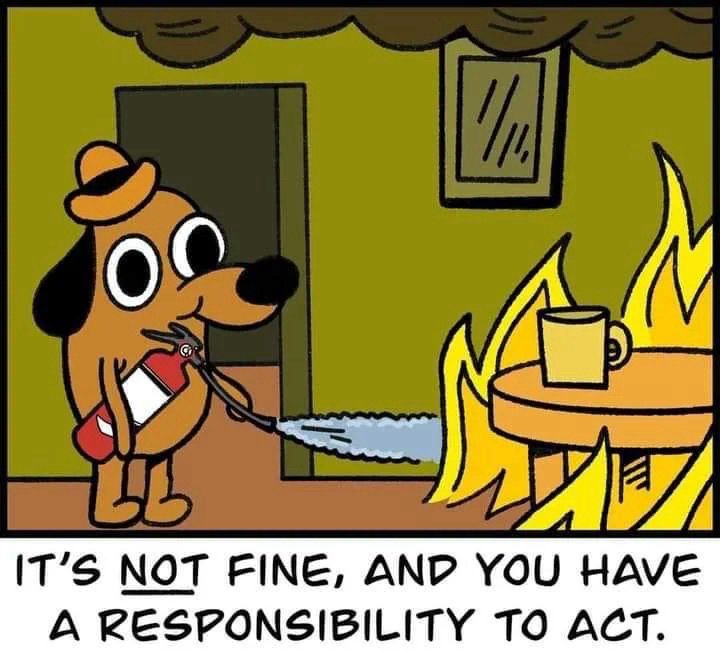 Frame from a gunshow comic with the dog, putting out the fires in the room that he is normally sitting in saying “it’s not fine and you have a responsibility to act.”