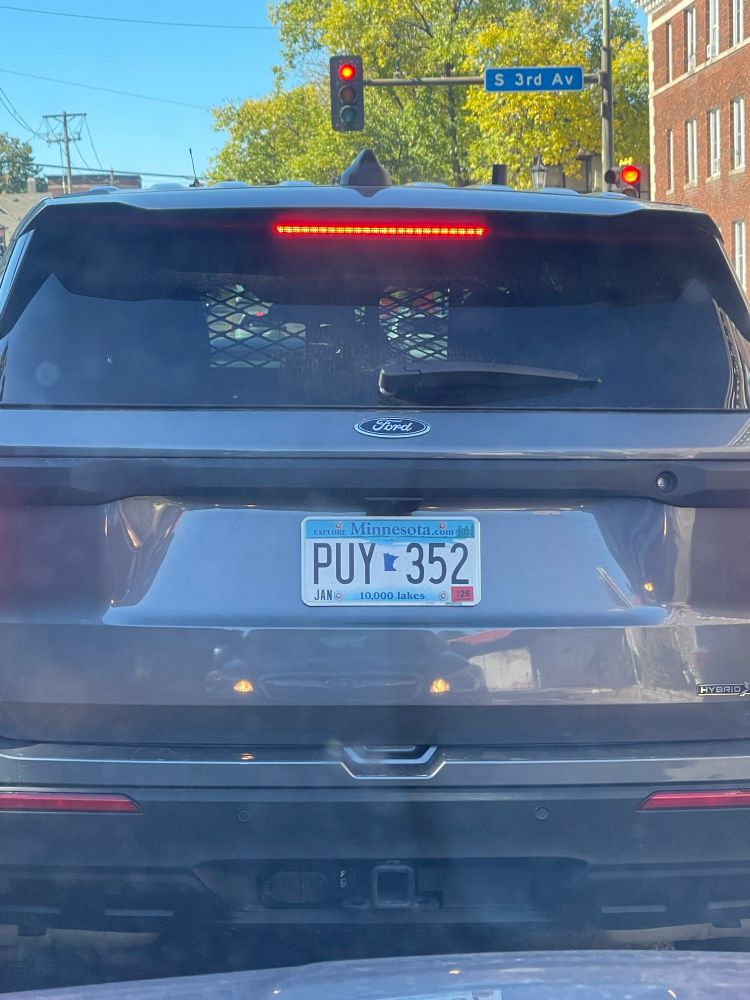 Photo of a license plate reading PY352 Minnesota license plate and it is an undercover vehicle
