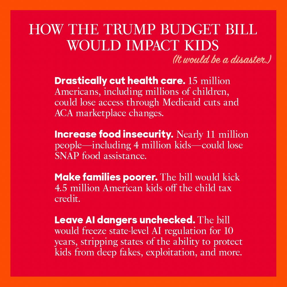 How the Trump budget bill would impact kids. (It would be a disaster.) 

* Drastically cut health care. 15 million Americans, including millions of children, could lose access through Medicaid cuts and ACA marketplace changes. 
* Increase food insecurity. Nearly 11 million people—including 4 million kids—could lose SNAP food assistance. 
* Make families poorer. The bill would kick 4.5 million American kids off the child tax credit.
* Leave AI dangers unchecked. The bill would freeze state-level AI regulation for 10 years, stripping states of the ability to protect kids from deep fakes, exploitation, and more.