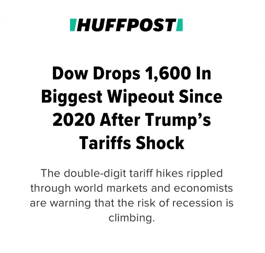 Dow Drops 1,600 In Biggest Wipeout Since 2020 After Trump’s Tariffs Shock
The double-digit tariff hikes rippled through world markets and economists are warning that the risk of recession is climbing.