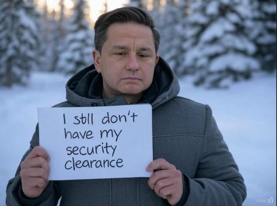PP: “I still don’t have my security clearance”, in a winter background. 