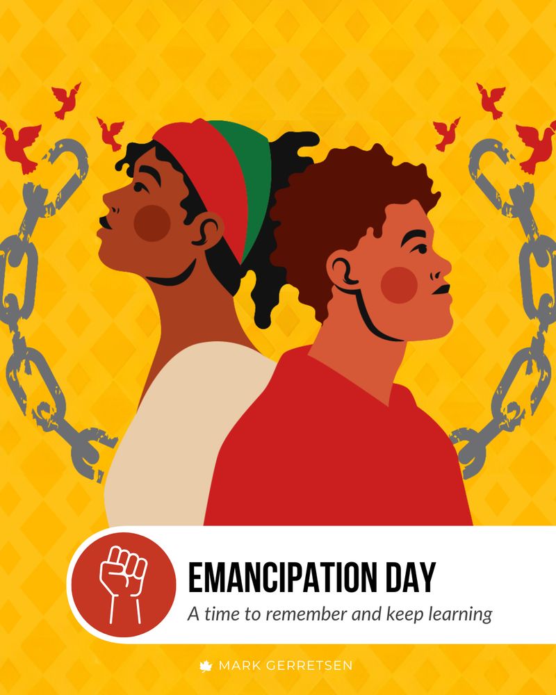 Illustration of two people standing back to back against a yellow diamond-patterned background. Broken chains and red birds are flying around them. At the bottom, a white banner features a red circle with a raised fist icon and the text 'EMANCIPATION DAY – A time to remember and keep learning.' Below that is the name 'MARK GERRETSEN.'