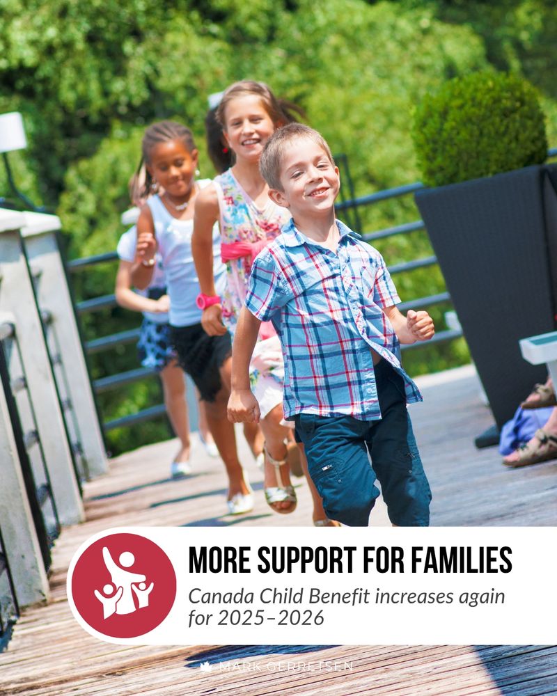 Children running on a wooden deck surrounded by greenery, with a red circular icon in the foreground that reads: 'MORE SUPPORT FOR FAMILIES. Canada Child Benefit increases again for 2025-2026.