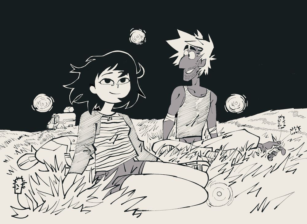 Mizue and Raj sit out in a field with fireflies. Derek stays in the RV.