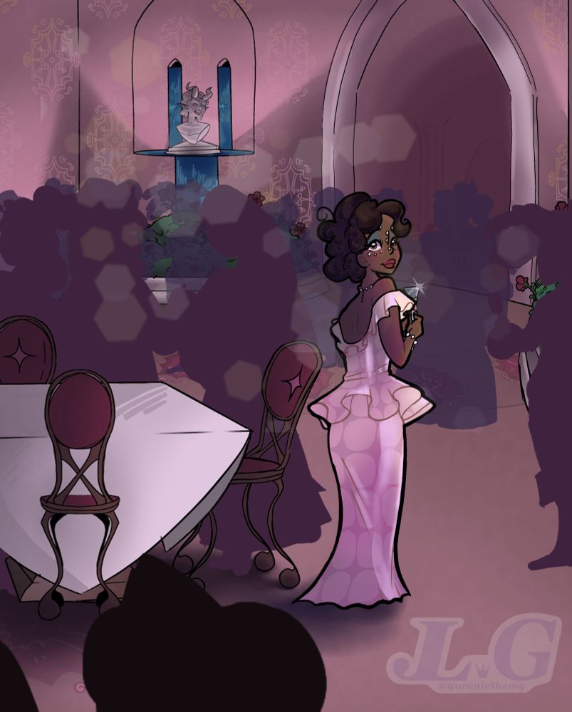A tall girl in a silky ivory colored dress looks back at the viewer with a glass in hand. She's in a crowded room, but she sticks out. Her hair is a curly afro, and her makeup is bright. The room is a pale purple and is littered with tables and pants.