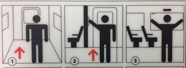 3 stick-figure instructional images: 1) stick figure standing in a train door 2) stick figure holding on to a wall handle, sorta looking like they’re leaning 3) stick figure in front of two seats holding arms up in mighty triumph (or maybe opening the window?)
