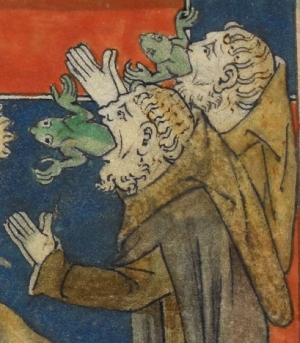 Medieval painting of monks throwing up frogs