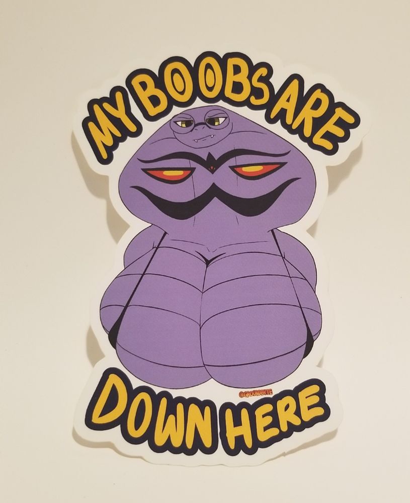 "my boobs are" Grumpy purple snake with huge tits and big glasses "down here"