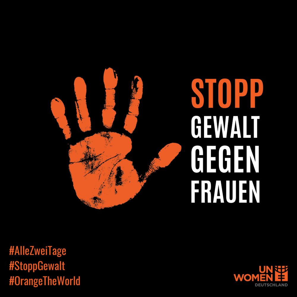 Auf schwarzem Hintergrund ist ein orangener Handabdruck zu sehen neben dem steht "Stopp Gewalt gegen Frauen" in orange und weiß.