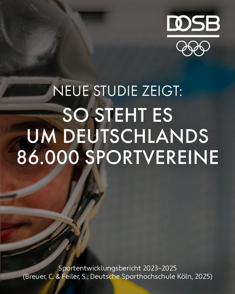Auf dem Bild ist linkseitig mit dem halben Gesicht ein*e Sportler*in zu sehen mit einem Helm. Im Mittelpunkt des Bildes steht "Neue Studie zeigt: So steht es um Deutschlands 86.000 Sportvereine" in weißer, dicker Schrift. Rechts oben im Bild ist das weiße Logo des DOSB platziert. 