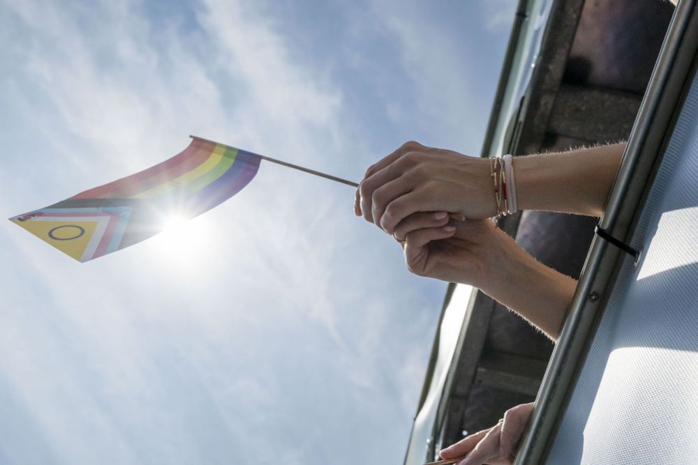 Zwei Hände halten die Pride-Fahne. Die Person fährt auf einem Wagen, man sieht die Hände und die Fahne in der Perspektive von unten. 