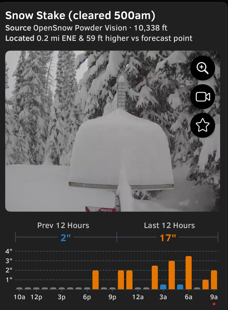 Snow report showing 17” of snow in the last 12 hours.
