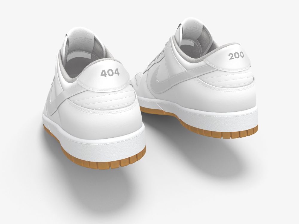 A pair of white, low-top Nike dunks. The back tabs on the shoes have been customized to replace the Nike logo with "404" for the left show and "200" for the right shoe.
