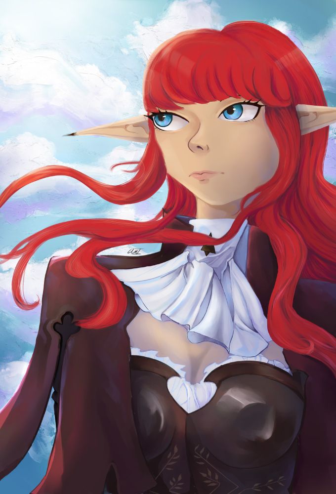 Woman with elf ears and straight red hair called Hulkenburg from the videogame Metaphor: ReFantazio