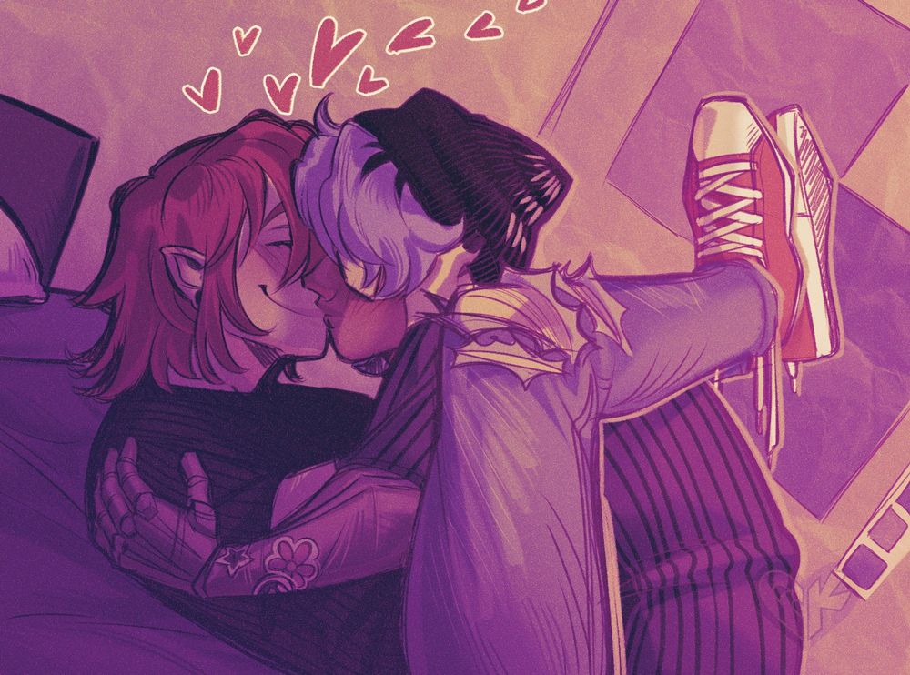 A ilustração contém um casal de ocs. Vince, o ruivo deitado com as pernas em volta das costas de Oscar. Ambos compartilham de um selinho carinhoso em um quarto confortável.