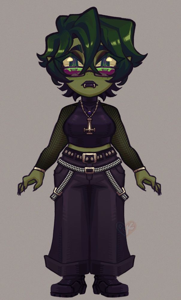 The design features a chibi-style design featuring shades of green and black in the color palette.