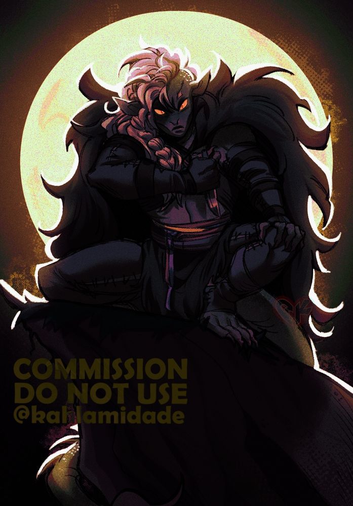 The illustration contains an oc (Oziel) leaning on the edge of a ravine, crouched while holding a knife against the moonlight.