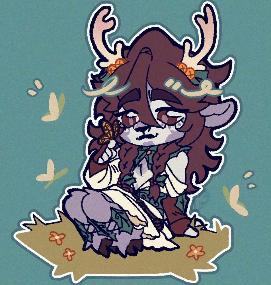 The illustration features an oc (Finnegan) sitting on the grass and surrounded by butterflies. All in chibi style!