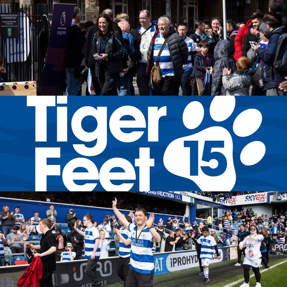 Supporters and members of QPR’s Tiger Cubs team completing the walk from the training ground to Loftus Road last year. They’re cheered on as they make their way around the pitch. It says Tiger Feet 15 in the centre of the image.