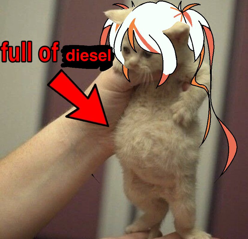 An edit of the full of soup cat meme. Denka Shaa’s hair is drawn onto the head of the kitten and there’s a red arrow pointing at the kitten’s stomach with text that reads “full of diesel”