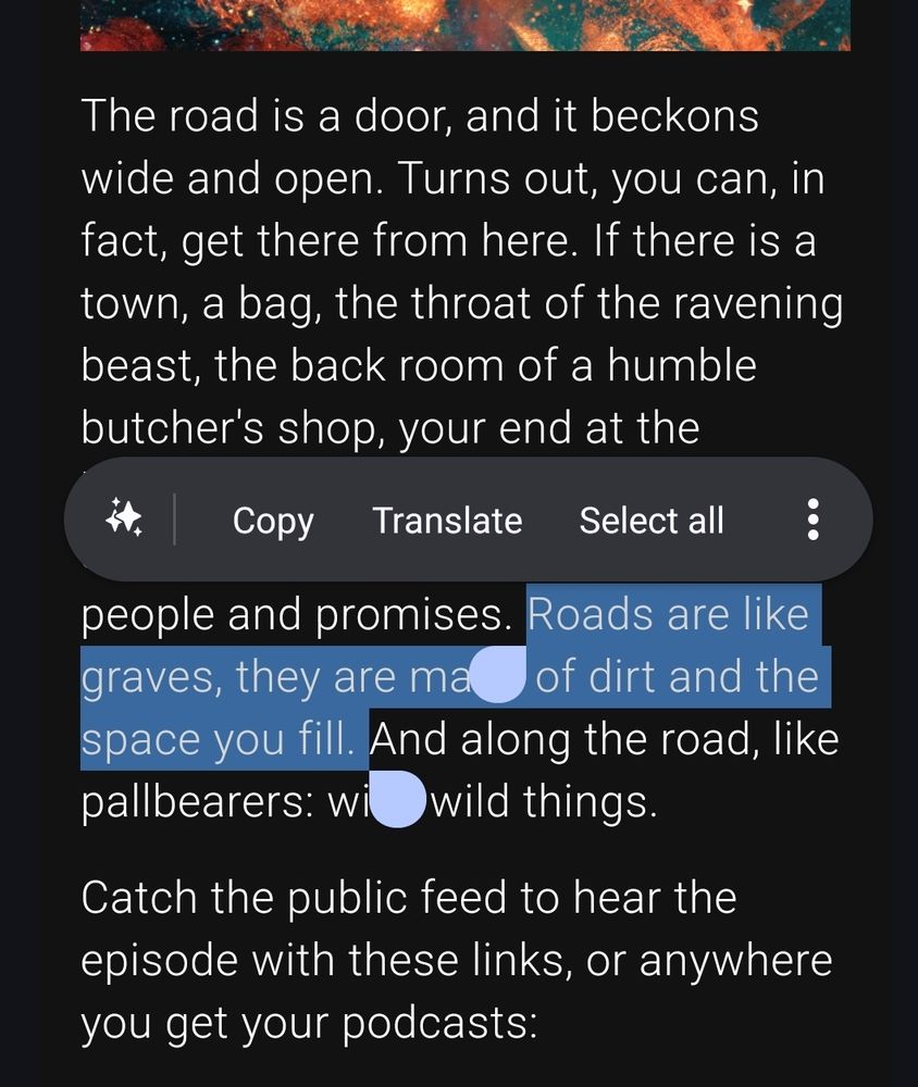 The description of today's episode of Worlds Beyond Number. One sentence is highlighted: Roads are like graves; they are made of dirt and the space you fill. 