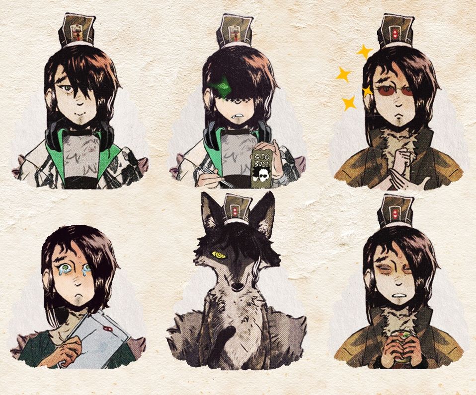 Six tokens of a disastrous little twink wearing a bureaucrat hat, also a crab-eating fox. Images are composed from a bunch of various manga sources, because this is a weeb game.