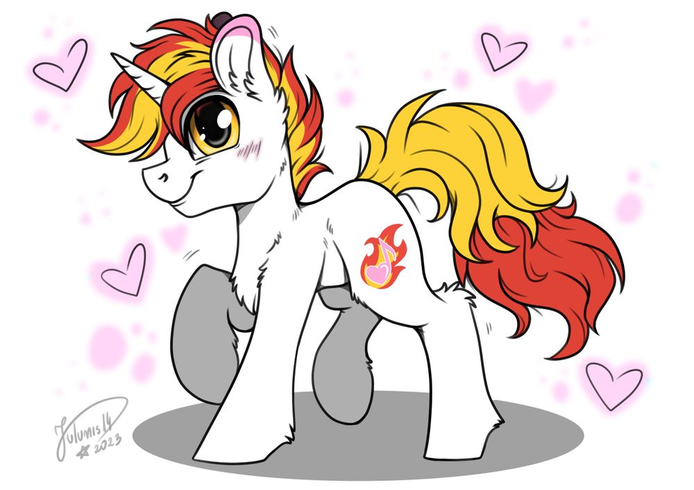 Art of my sona, Shyfire, white coat, red/yellow eyes, tip of the ears pink, and a red and yellow mane and tail :)
