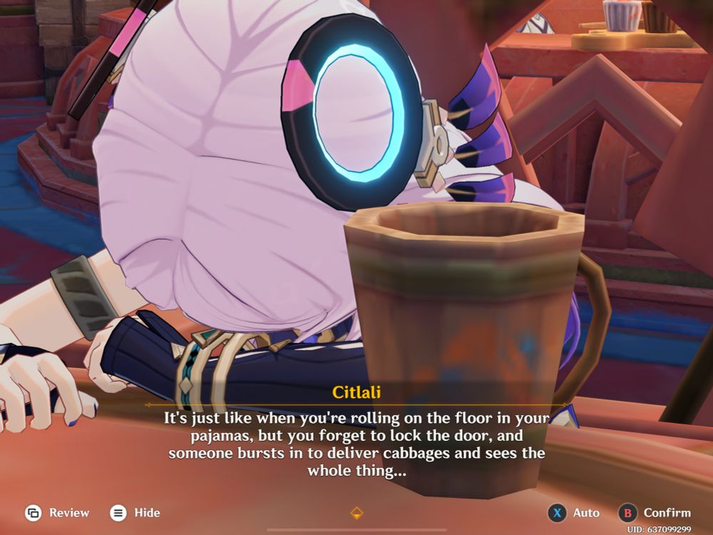 Citlali facedown on the table saying “It’s just like when you’re rolling on the floor in your pajamas, but you forget to lock the door, and someone bursts in to deliver cabbages and sees the whole thing…”