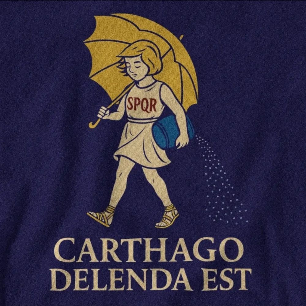 The little girl from the Morton's salt logo wears a top that says SPQR and Roman sandles as she sprinkles salt. Text below her reads, "Carthago Delenda Est" (Carthage must be destroyed).
