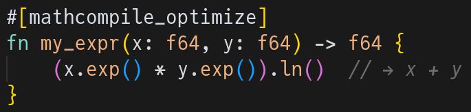 #[mathcompile_optimize]
fn my_expr(x: f64, y: f64) -> f64 {
    (x.exp() * y.exp()).ln()  // → x + y
}