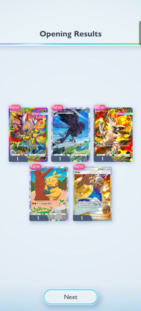 Image of 5 rare pokemon cards from tcg pocket, from a god pack
