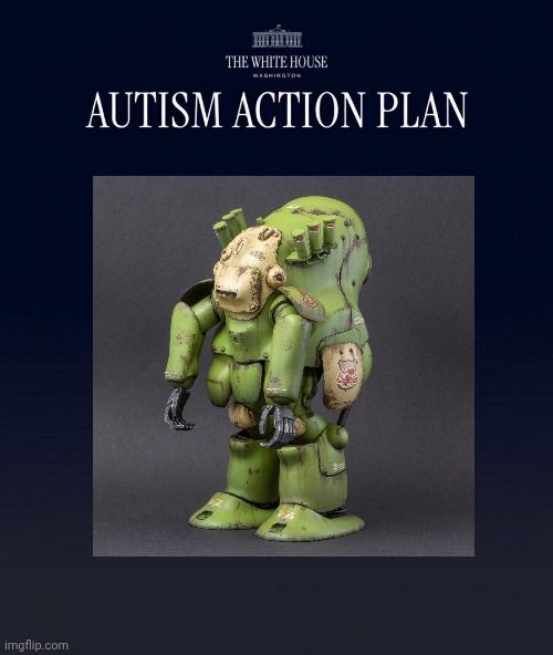 Executive order titled Autism Action Plan with the image a Krieger power mech suit model, painted green with many details 
