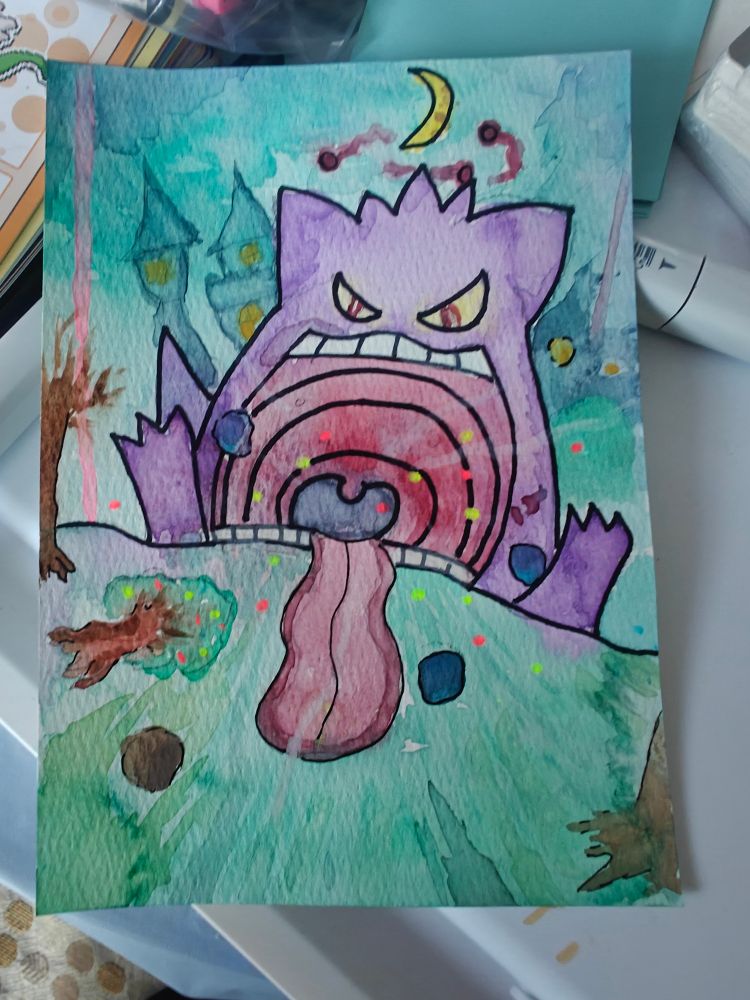 Watercolor art depicting a large purple pokemon sucking up trees and buildings. It is the Gengar VMAX pokemon. Over Gengars head is a moon and some red clouds