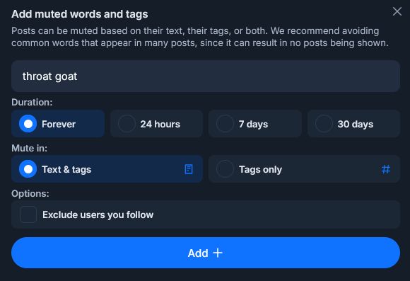 bluesky settings screen for muting words with the phrase "throat goat" in the text box to be muted