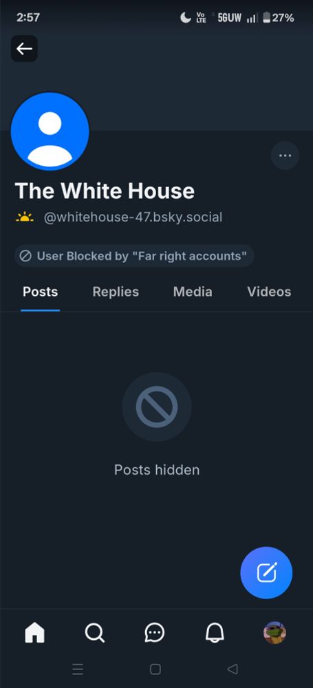 Screenshot White house blue sky account blocked by "far right account" block list 