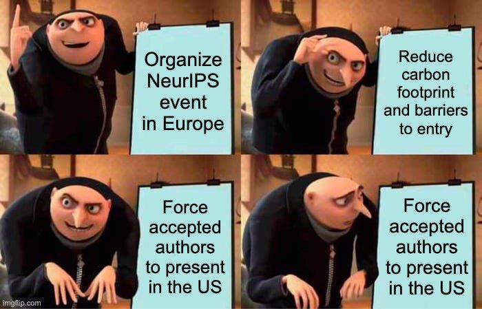 A meme featuring Gru who wonders about NeurIPS’s plan to allow a satellite event in Europe but also force presentation in the US