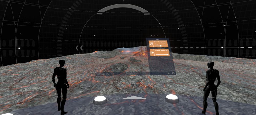 A 3D goggle view of two avatars looking out over an alien landscape. https://meteor.ame.asu.edu/projects/jmars-xr/