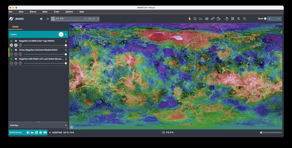 Screen capture of the JMARS application, showing a false-color topographical map of Venus.
