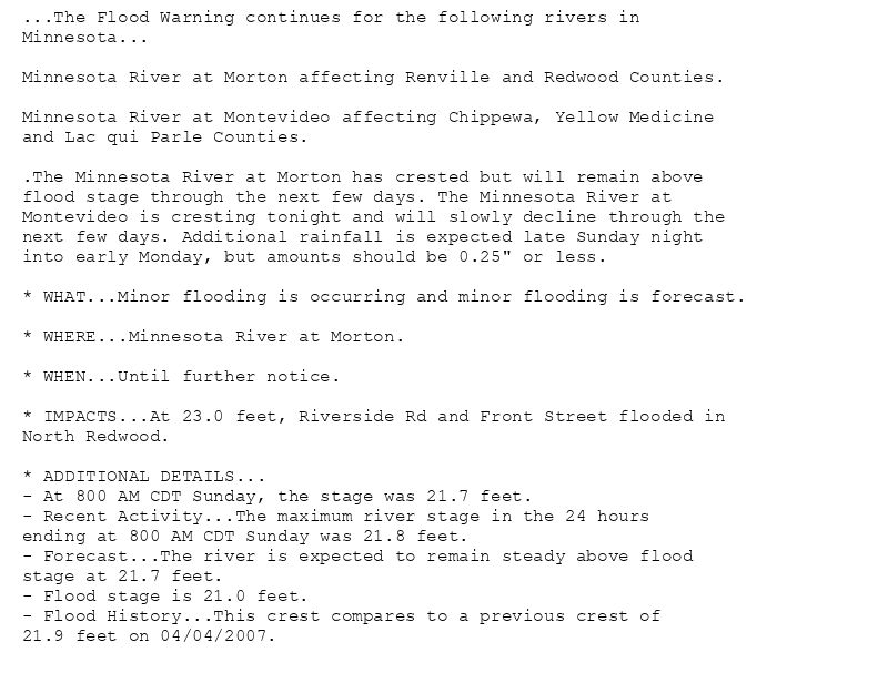 ...The Flood Warning continues for the following rivers in
Minnesota...

Minnesota River at Morton affecting Renville and Redwood Counties.

Minnesota River at Montevideo affecting Chippewa, Yellow Medicine
and Lac qui Parle Counties.

.The Minnesota River at Morton has crested but will remain above
flood stage through the next few days. The Minnesota River at
Montevideo is cresting tonight and will slowly decline through the
next few days. Additional rainfall is expected late Sunday night
into early Monday, but amounts should be 0.25" or less.

* WHAT...Minor flooding is occurring and minor flooding is forecast.

* WHERE...Minnesota River at Morton.

* WHEN...Until further notice.

* IMPACTS...At 23.0 feet, Riverside Rd and Front Street flooded in
North Redwood.

* ADDITIONAL DETAILS...
- At 800 AM CDT Sunday, the stage was 21.7 feet.
- Recent Activity...The maximum river stage in the 24 hours
ending at 800 AM CDT Sunday was 21.8 feet.
- Forecast...The river is expected to remain steady above flood
stage at 21.7 feet.
- Flood stage is 21.0 feet.
- Flood History...This crest compares to a previous crest of
21.9 feet on 04/04/2007.